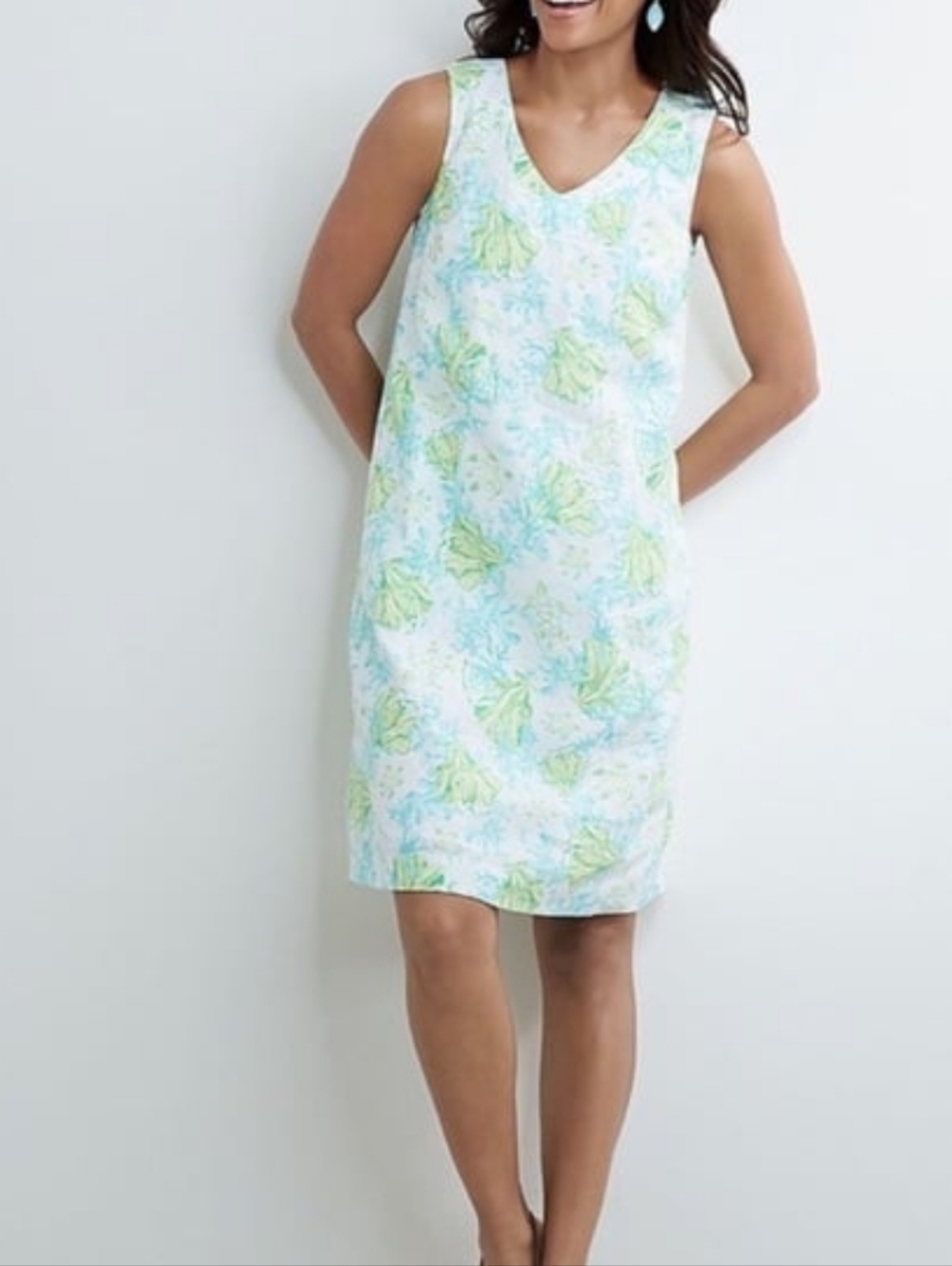 J.Jill Love Linen Cotton Turtle Coral Tropical Sleeveless Shift Dress Size Small